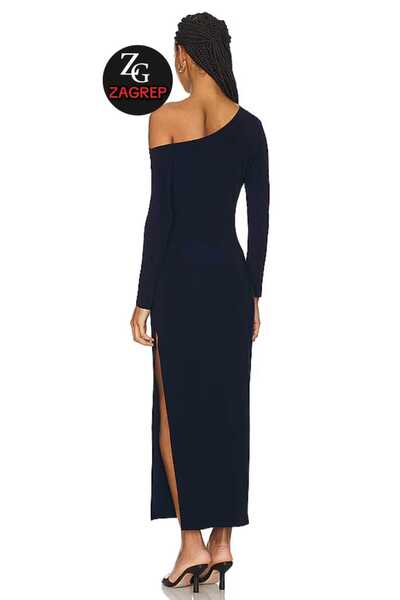Zagrep Kadın Lacivert Yırtmaçlı Omuz Detaylı Tek Omuz Tasarım Astarlı Iç Göstermez Maxi Elbise