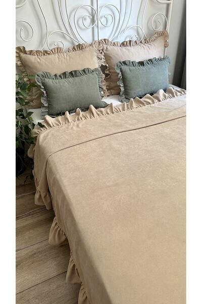 Decamor home Fırfırlı Bej Yatak Örtüsü Çift Kişilik