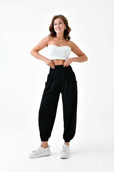 ubmbutik High Waist and Elastic Leg Women's Baggy Trousers - Corded Black Butcher Pocket