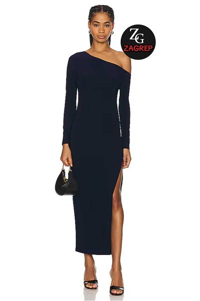 Zagrep Navy Blue One Shoulder Maxi Dress - Slit, Shoulder Detail and Lining