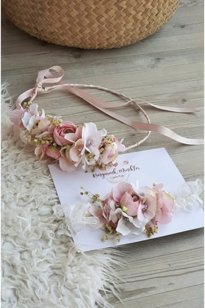 çiğdem kaya design Powder Pink Floral Mother Baby Plain Maternity Crown Set (pregnant Crown)