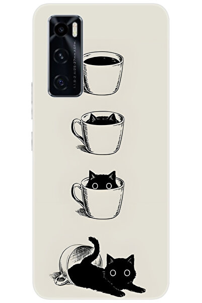 vivo Y70 (V2023) Uyumlu Kılıf Desen Baskılı Silikon Kedi ve Kahve Çizimi STK:...