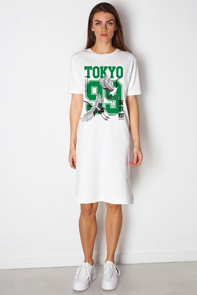 ROCKANDROLL Tokyo 99 White Crew λαιμόκοψη κοντό μανίκι πάνω από το γόνατο Μεσαίο χτενισμένο βαμβακερό φόρεμα