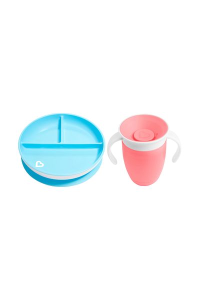 Munchkin Pack of 2 Fixed Vacuum Feeding Plates and 360 Training Cups - 6 Months+ Blue&Pink