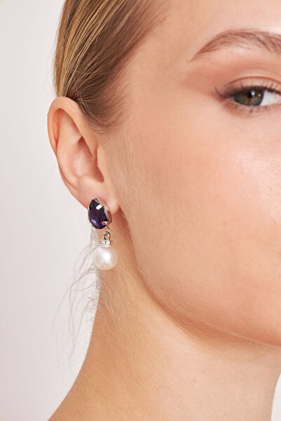 Furtek Aksesuar Kadın Reloj Model Mor Kristal Zirkon Taşlı Işıltılı İncili Gümüş Kaplama Sallantılı Kombin Küpe