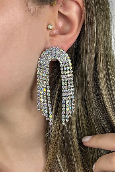 Furtek Aksesuar Kadın Vera Janjan Model Kristal Zirkon Taşlı Gümüş Kaplama Saçaklı Sallantılı Günlük Kombin Küpe