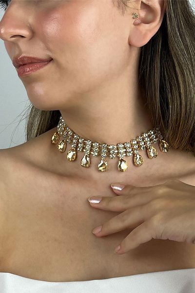 Furtek Aksesuar Women's Fragranza Model Crystal Zircon Stone Gold Plated Diamond Choker Collar Choker Daily Necklace
