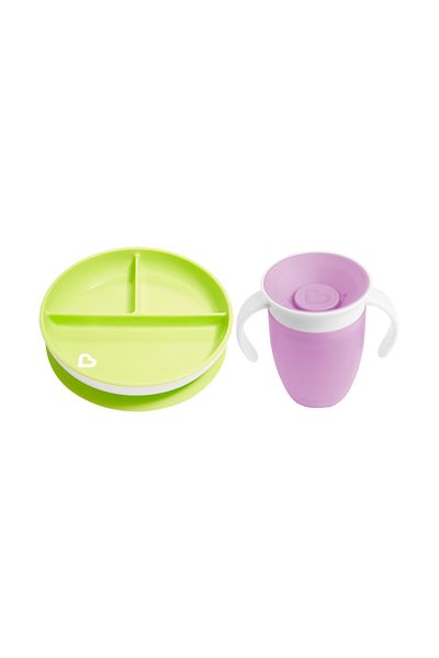 Munchkin 360 Practice Fixed Vacuum Feeding Plate and Miracle Cup - 6 Months+ Green & Purple 2 Pack