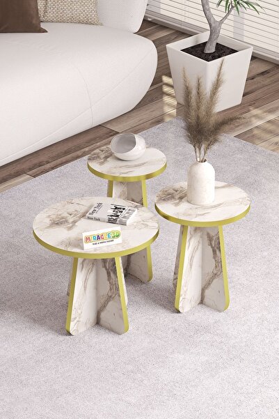 MİRACLE 3D Mantar 3'lü Zigon Sehpa Beyaz düz model Mermer GOLD