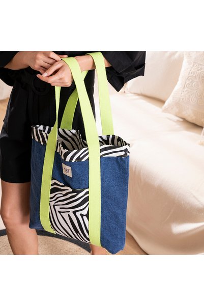 Hilaliart Zebra Pattern Light Green Handle Denim Tote Bag-Zebra Pattern Light Green Handle Denim Beach Bag-Ladies Handbag