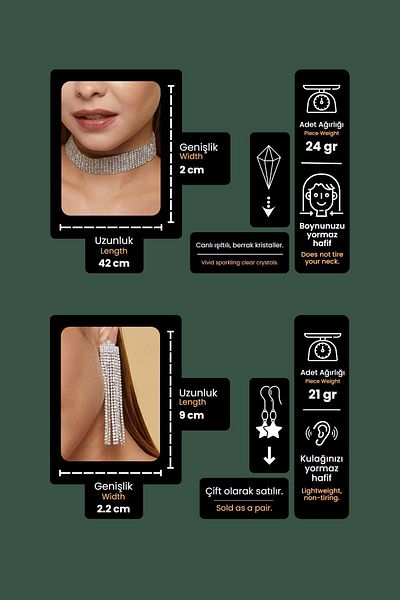 Furtek Aksesuar Women's Dia Model Stone Silver Diamond Water Path Necklace Earrings Evening Dress Wedding Engagement Henna Promise Party Jewelry Set