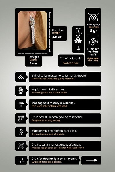 Furtek Aksesuar المرأة المضغوطة المتدلية مهدب حجر الفضة نموذج الماس مساء اللباس الخطوبة الزفاف وعد أقراط الزفاف