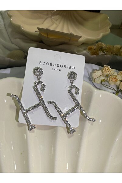 Furtek Aksesuar Kadın H Harf Modeli Zirkon Taşlı Sallantılı Pırlanta Gümüş Abiye Düğün Söz Kına Parti Balo Küpe