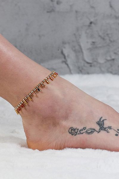 Furtek Aksesuar Women's Colorful Baguette Zircon Stone Crystal Foot Anklet Model Adjustable Chain Anklet