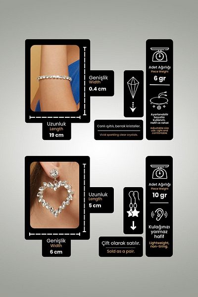 Furtek Aksesuar Women's Jemma Model Zircon Stone Silver Diamond Earrings Bracelet Evening Dress Wedding Engagement Henna Bridal Jewelry Set