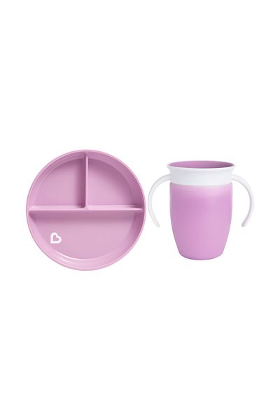 Munchkin Pack of 2 - Fixed Vacuum Feeding Plate and 360 Training Cups 6 Months+ Purple&Purple