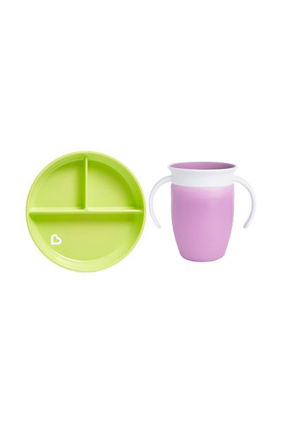 Munchkin 360 Practice Fixed Vacuum Feeding Plate and Miracle Cup - 6 Months+ Green & Purple 2 Pack