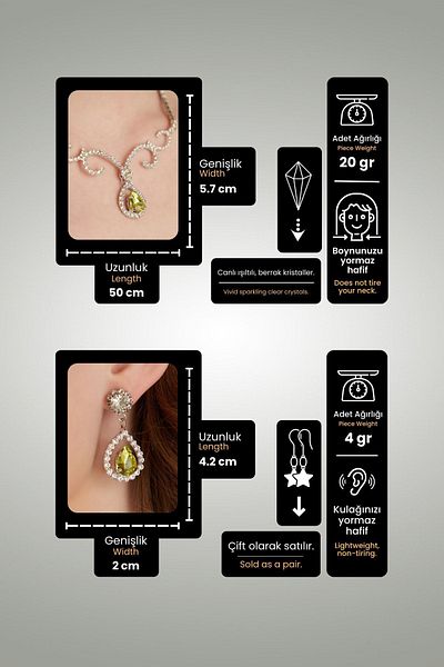 Furtek Aksesuar Women's Serafina Crystal Yellow Stone Waterway Necklace Earring Set Model Silver Evening Dress Wedding Jewelry Set