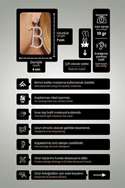 Furtek Aksesuar Kadın B Harf Taşlı Model Zirkon Taşlı Gümüş Pırlanta Abiye Elbise Düğün Parti Kına Söz Balo Küpe