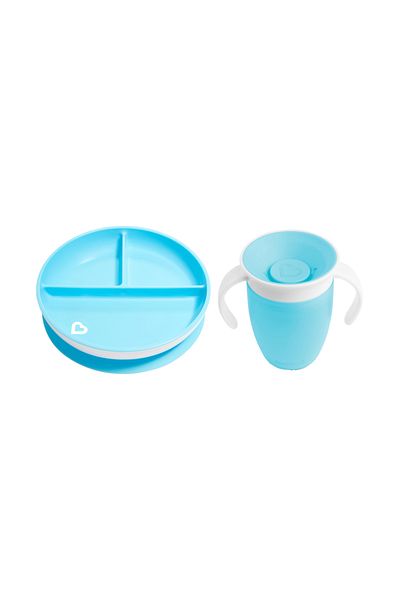 Munchkin 360 Practice Fixed Vacuum Feeding Plate and Miracle Cup - 6 Months+ Blue & Blue 2 Pack