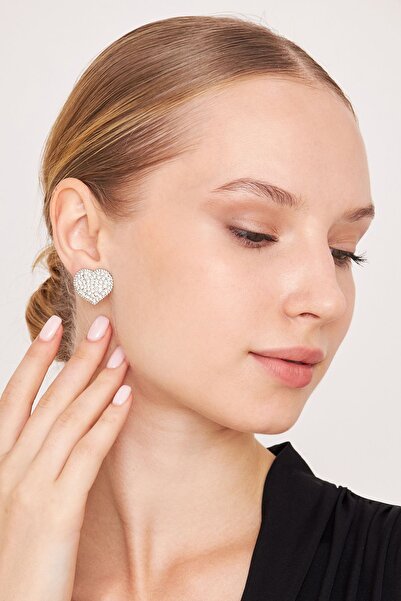 Furtek Aksesuar Kadın Aretes Kalp Figür Model Kristal Zirkon Taşlı Gümüş Kaplama Sıkıştırmalı Günlük Kombin Küpe