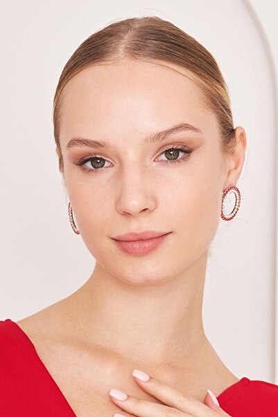 Furtek Aksesuar Kadın Onix Halka Model Kırmızı Beyaz Kristal Zirkon Taşlı Gümüş Kaplama Günlük Elbise Kombin Küpe