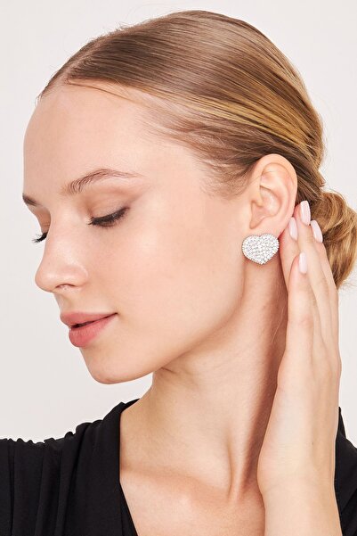 Furtek Aksesuar Kadın Aretes Kalp Figür Model Kristal Zirkon Taşlı Gümüş Kaplama Sıkıştırmalı Günlük Kombin Küpe