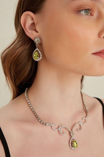 Furtek Aksesuar Women's Serafina Crystal Yellow Stone Waterway Necklace Earring Set Model Silver Evening Dress Wedding Jewelry Set