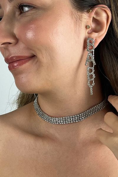 Furtek Aksesuar Women's Maya Model Stone Silver Diamond Waterway Necklace Earrings Evening Dress Wedding Engagement Henna Promise Bridal Jewelry Set