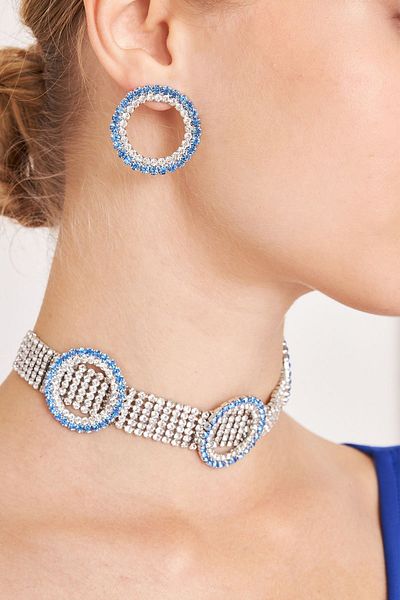 Furtek Aksesuar Women's Piedra Model Blue Ring Necklace Earrings Zircon Stone Evening Dress Combination Daily Jewelry Set