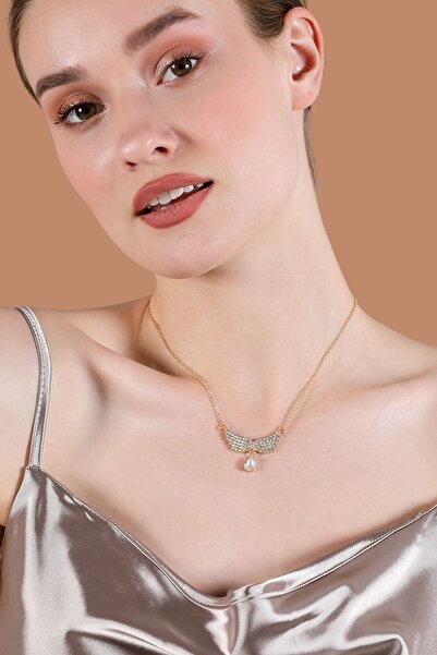 Furtek Aksesuar Kadın Melek Zincir Model Kristal Zirkon Taşlı Altın Renk Pırl...