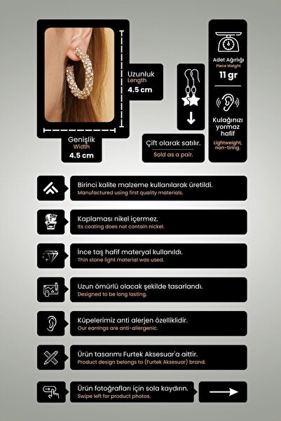 Furtek Aksesuar Kadın Halkalı Sarmal Model Altın Renk Zirkon Taşlı Pırlanta Abiye Düğün Kına Söz Nişan Gelin Küpe