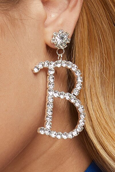 Furtek Aksesuar Kadın B Harf Taşlı Model Zirkon Taşlı Gümüş Pırlanta Abiye Elbise Düğün Parti Kına Söz Balo Küpe