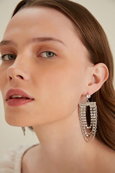 Furtek Aksesuar Kadın Aparejo Model Gümüş Sallantılı Kristal Taşlı Günlük Abiye Elbise Gelin Düğün Kına Söz Küpe