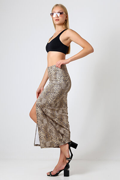 winmoda Fusta Lungă Despicată Tesatura Scufundare Lungime Maxi 92 Cm Model Leopard Mic