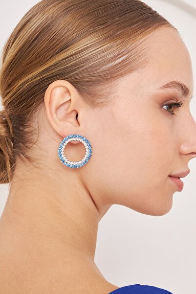 Furtek Aksesuar Kadın Onix Halka Model Mavi Beyaz Kristal Zirkon Taşlı Gümüş Kaplama Günlük Elbise Kombin Küpe