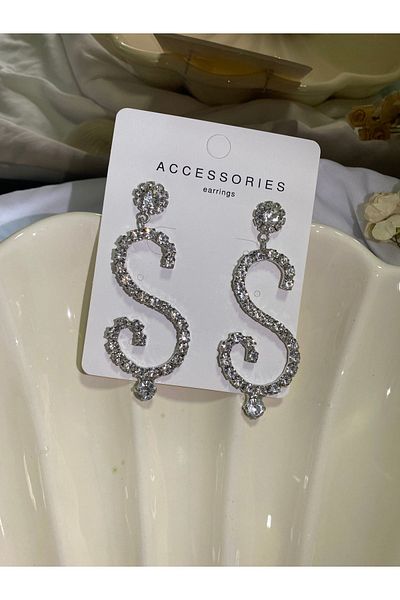 Furtek Aksesuar Women's Letter Model Zircon Jewelled Dangle Diamond Silver Evening Dress Wedding Promise Henna Party Prom Earrings