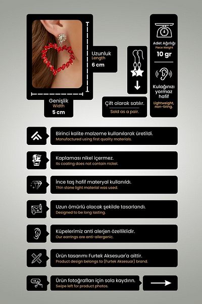 Furtek Aksesuar Women's Red Heart Model Hanging Crystal Zircon Stone Daily Earrings Evening Dress Party Prom Dear