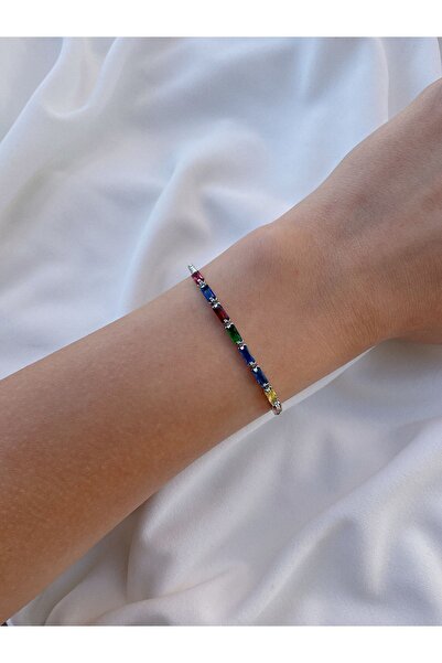 Eylülün Takısı Kadın Gümüş Renk Renkli Taş Bileklik