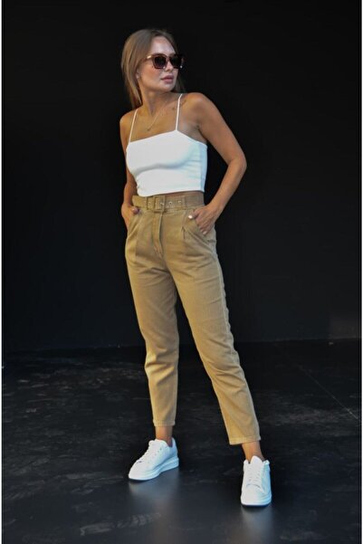 ileenofficial Camel Yüksek Bel Gabardin Momstyle Pantolon