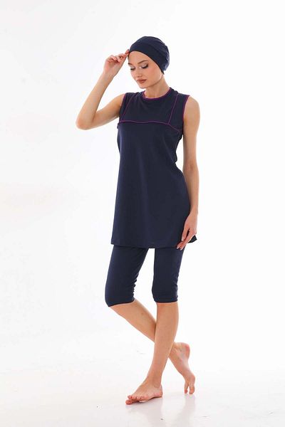 miss ledonna Costum de baie pentru femei cu mâneci zero, mov, în dungi, bleumarin
