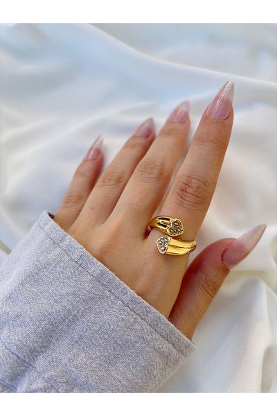 Eylülün Takısı Gold Color Spiral Stone Women's Heart Ring