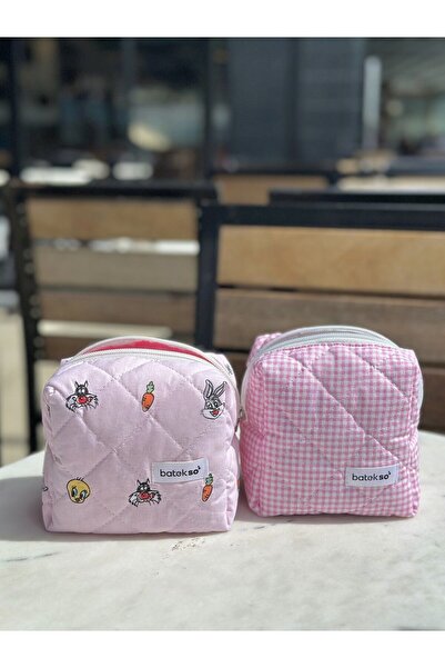 Batekso حقيبة مكياج صغيرة الحجم مكونة من قطعتين بنمط أرنب وردي مربع