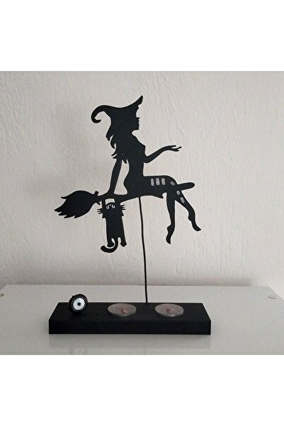 Tahtadenizi Tatlı Cadı Kedi 2li Mumlu Ahşap Biblo El Yapımı