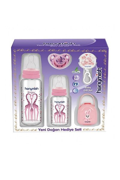 Hanymish Girl Newborn 5-Piece Glass Feeding Bottle and Pacifier Set