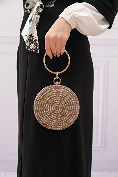 ROZA CANTA Στρογγυλή γυναικεία βραδινή τσάντα Clutch Clutch με χρυσή πέτρα