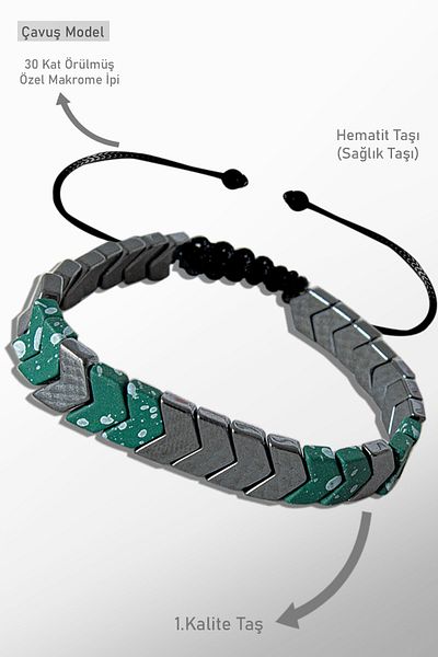Tesbih Atölyesi Green Snowy Quartz - Hematite Stone Sergeant Model Bracelet - Adjustable