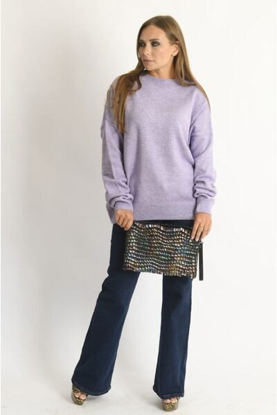 ileenofficial Bisiklet Yaka Oversize Triko Kazak Mor zincir detaylı