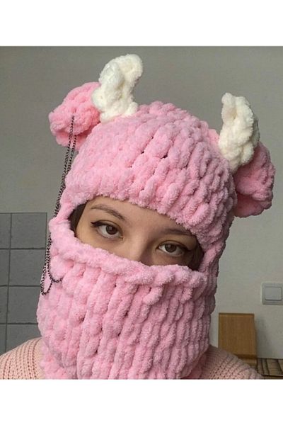 BurDen Dekoratif Ürünler & Tasarım Cute White Horned Pink Puffy Beanie & Mask, Balaklava, 52 cm Diameter 60 cm Length, Handmade