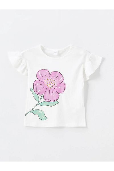 LC Waikiki Lcw Baby Ecru Baby Girl Floral Print T-shirt and Shorts Set - Crew Neck, Short Sleeve 2-piece Set